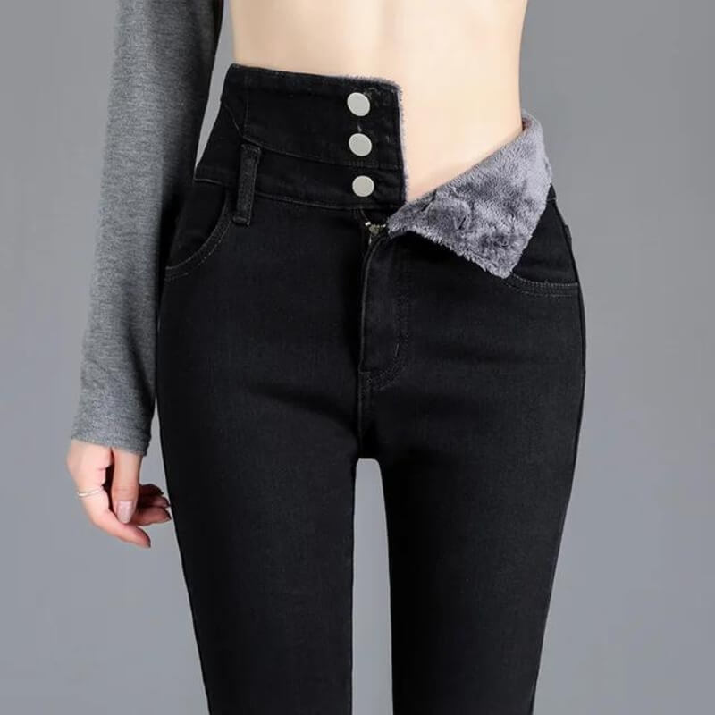 Damenjeans mit hoher Taille, schwarzer Farbe, Knopfleiste, weiches Innenfutter, modisch, bequem, ideal für Herbst und Winter.