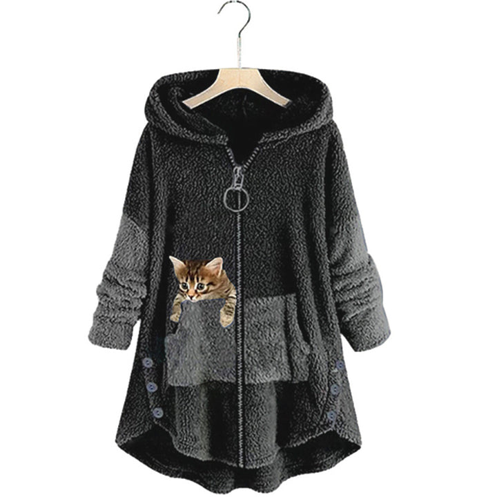 Dunkelgrauer Damen-Hoodie mit Katzenmotiv, Reißverschluss und Knopfleiste. Bequeme, warme Fleecejacke, ideal für Herbst und Winter.