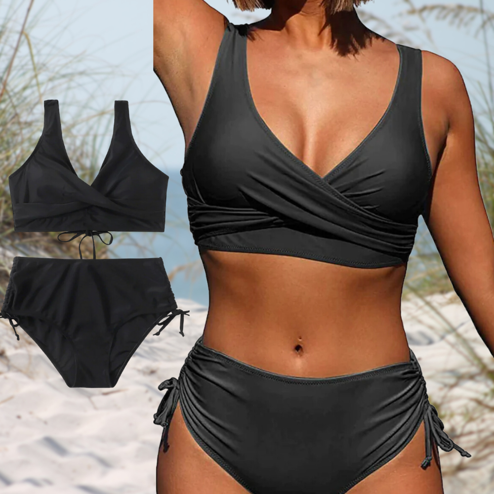 Schwarzer Damen-Bikini, Wickeloberteil, hohe Taille, Strandmode, Sommerbekleidung.
