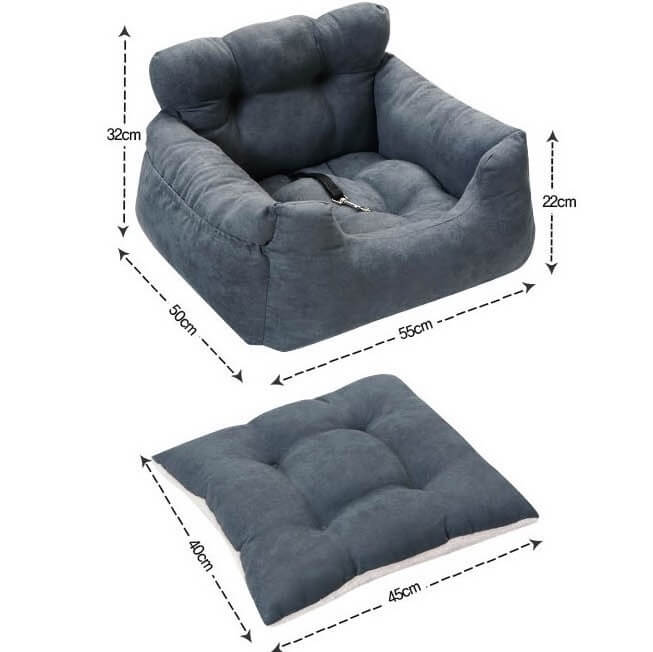 Grauer Autositz für Hunde, 55x50x32 cm, mit Sicherheitsgurt. Bequemes Hundebett für Reisen, ideal für kleine bis mittelgroße Hunde.
