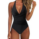 Schwarzer Badeanzug für Damen, bauchkontrollierend, hoch tailliert, sexy Halter-Design, ideal für Strandmode und Sommertrends.