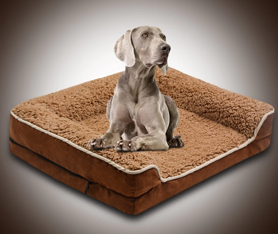 Grauer Hund auf braunem Hundebett aus Plüsch, quadratisch, bequem, Haustierbedarf.