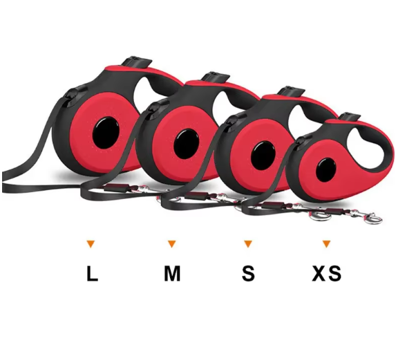 Rote ausziehbare Hundeleine in vier Größen, ergonomischer Griff, robustes Design.