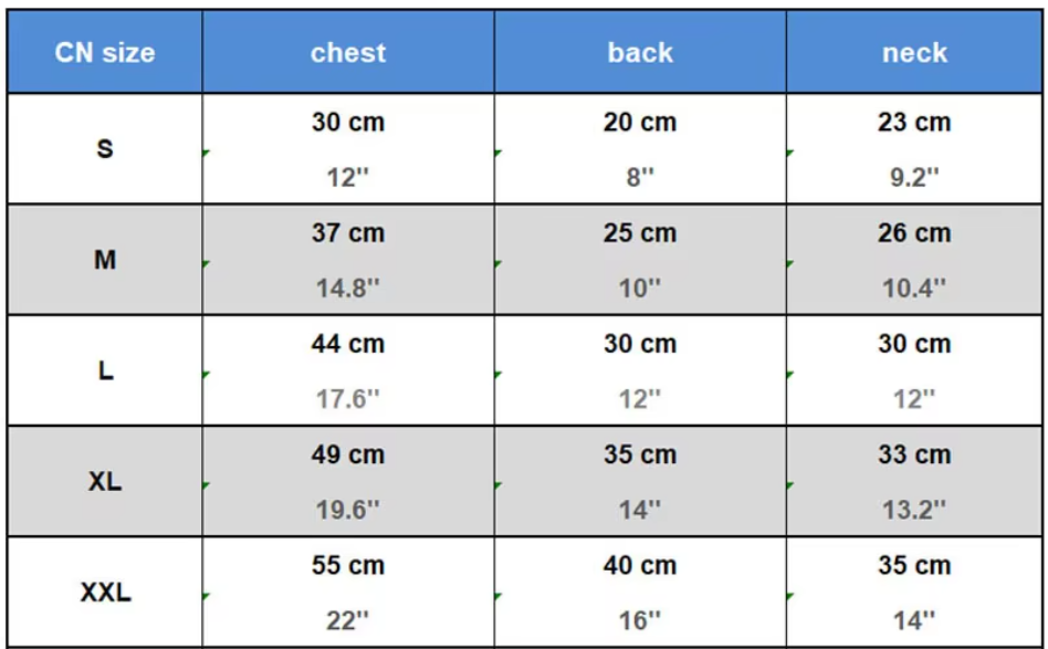 Größentabelle für Kleidung: CN-Größen S bis XXL, Maße in cm und Zoll für Brust, Rücken und Hals. Ideal für Online-Shopping und Größenvergleich.