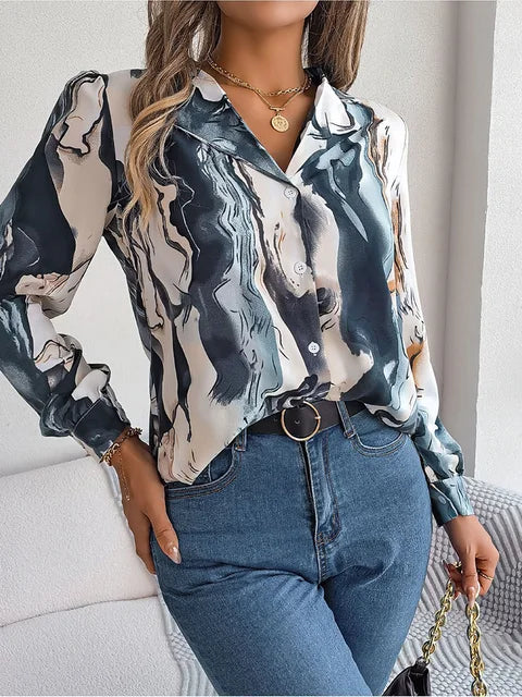 Elegantes Damenhemd mit Batikmuster, Herbst, Puffärmel, langärmelig, lässig, rot, ideal für modische Outfits und stilvolle Anlässe.