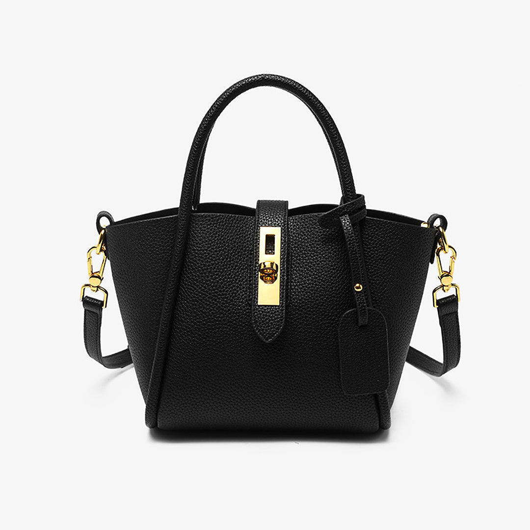 Elegante schwarze Handtasche aus Leder mit goldenen Details und abnehmbarem Schulterriemen. Perfekt für stilvolle Damenmode und Accessoires.