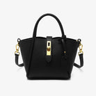 Elegante schwarze Handtasche aus Leder mit goldenen Details und abnehmbarem Schulterriemen. Perfekt für stilvolle Damenmode und Accessoires.