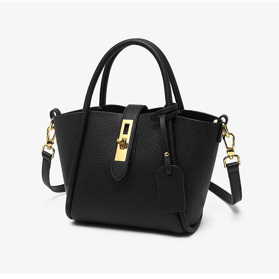 Elegante schwarze Handtasche aus Leder mit goldenen Beschlägen und abnehmbarem Schulterriemen. Perfekt für stilvolle Damenmode.