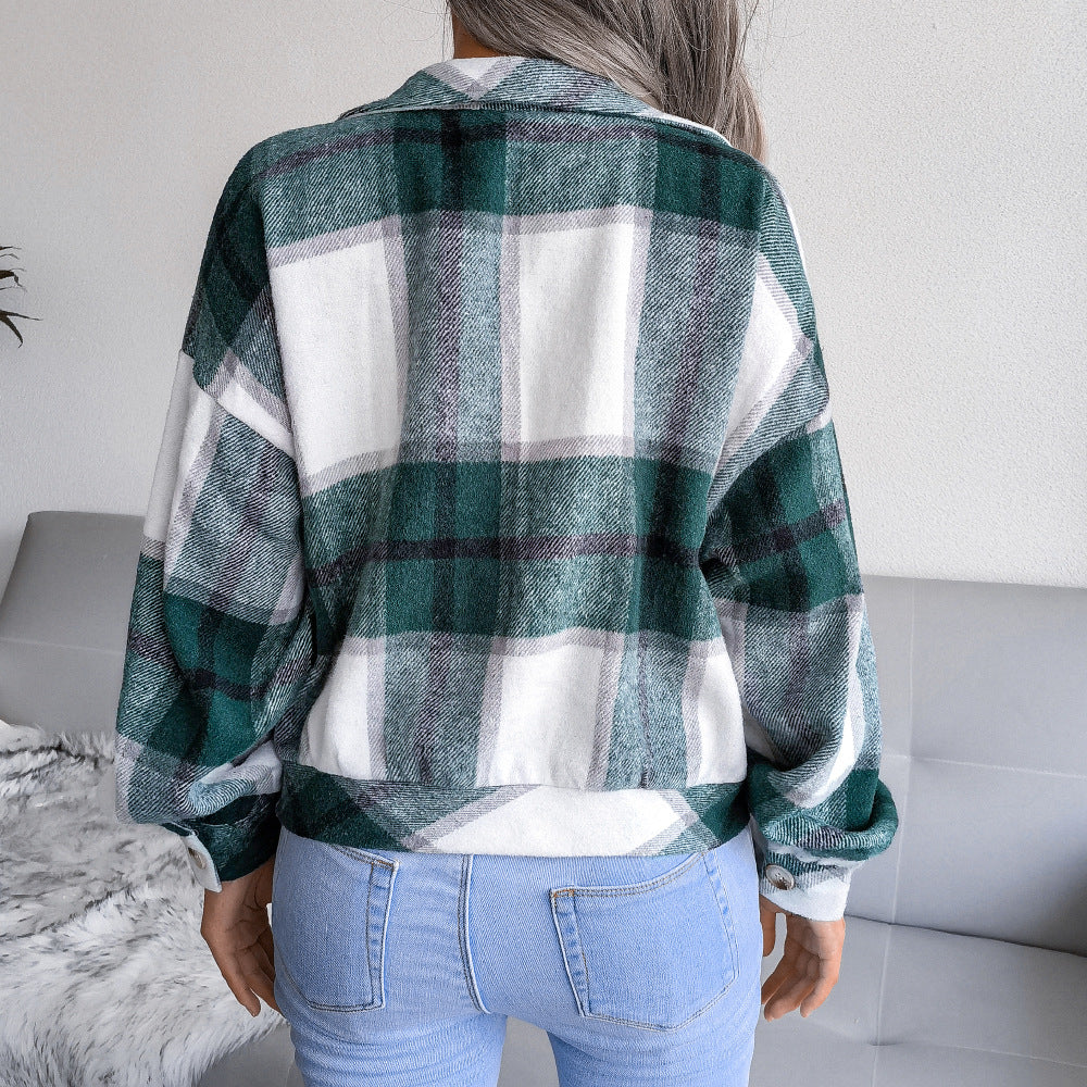 Damenmode Herbst Winter Karo-Laternenärmel Wolljacke, einreihig, locker geschnitten, ideal für stilvolle und warme Outfits.