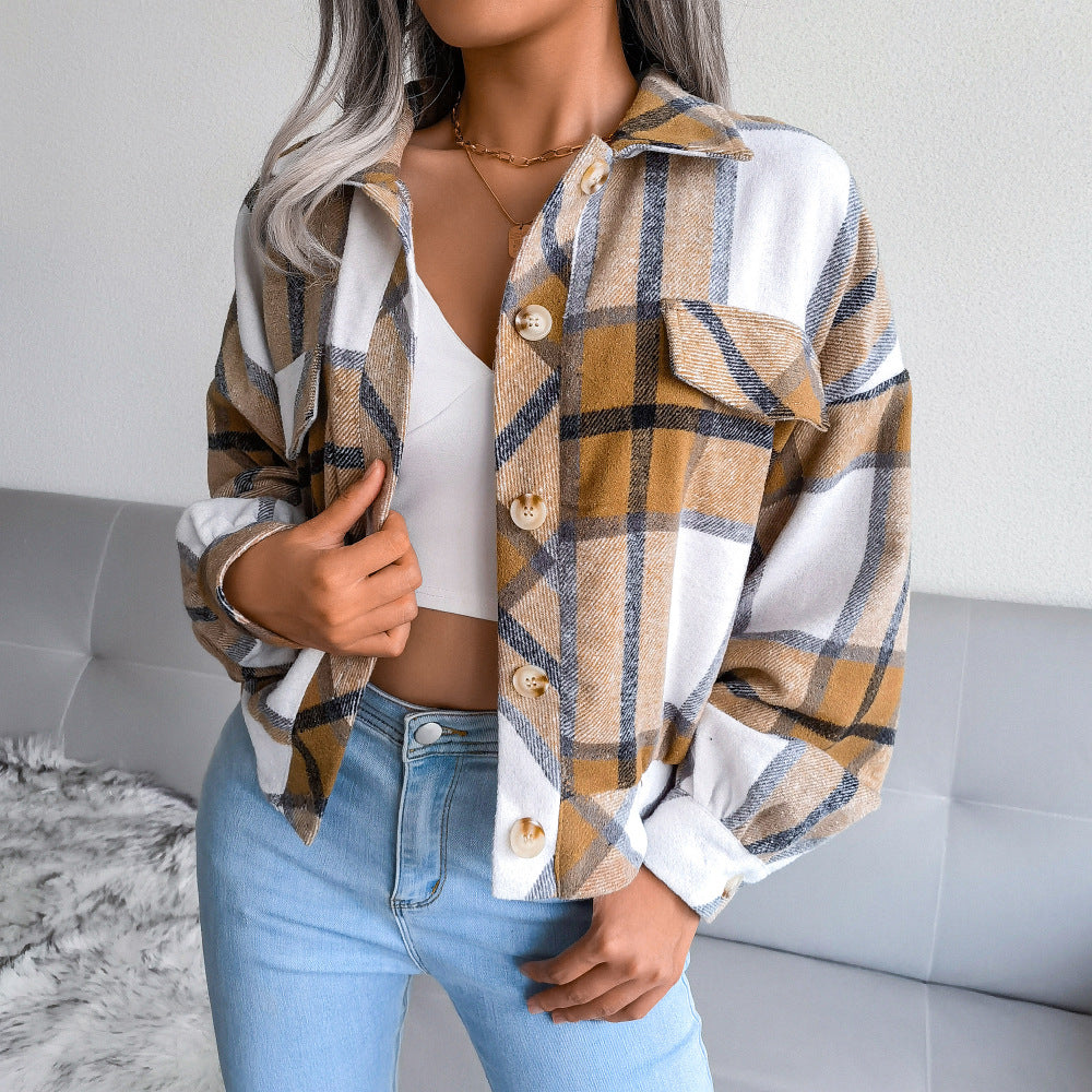 Damenmode Herbst Winter: Kariertes Wolljacke mit Laternenärmeln, Einreihig, Lässig. Perfekt für stilvolle, warme Outfits.