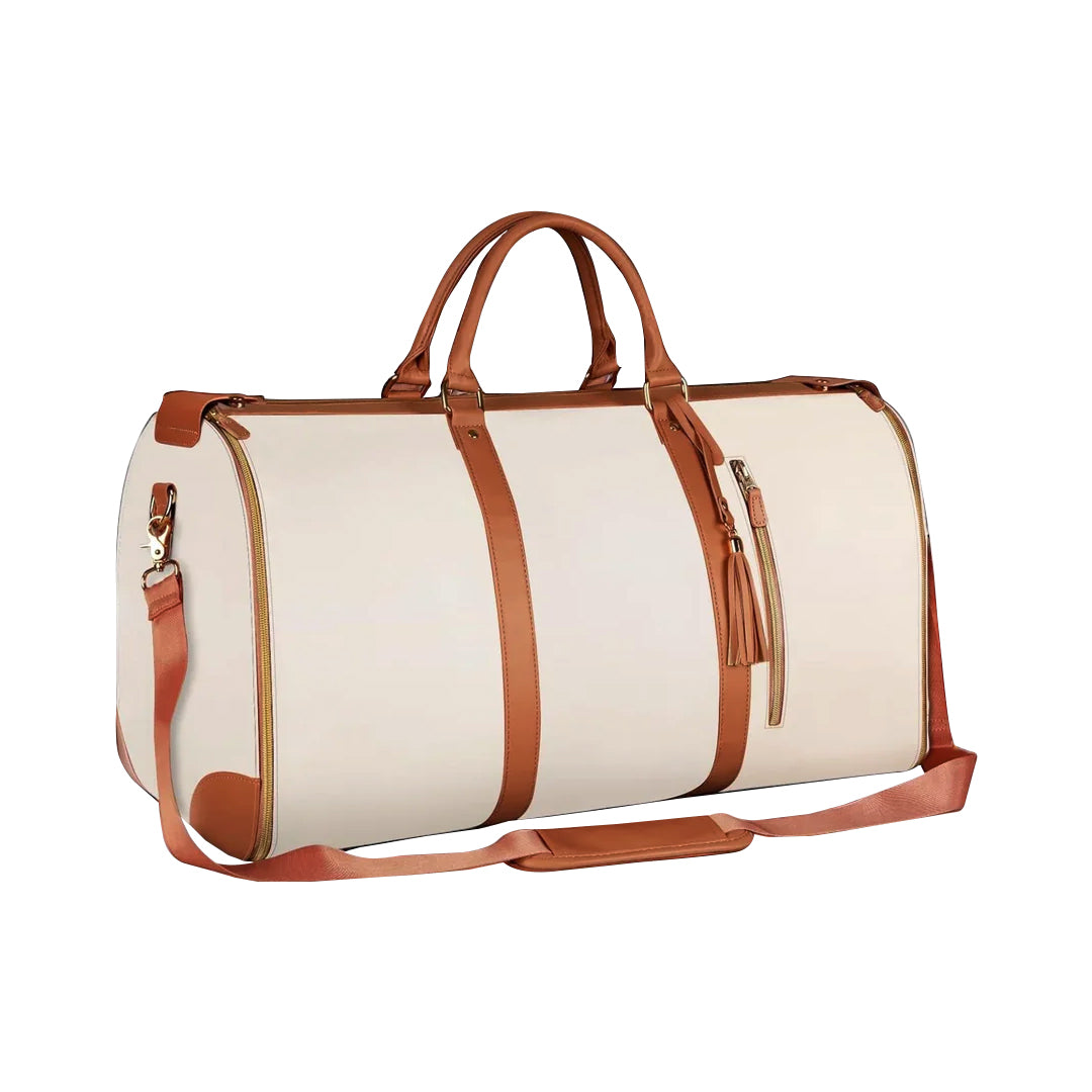Beige faltbare Weekender Reisetasche, braune Lederakzente, verstellbarer Schultergurt.