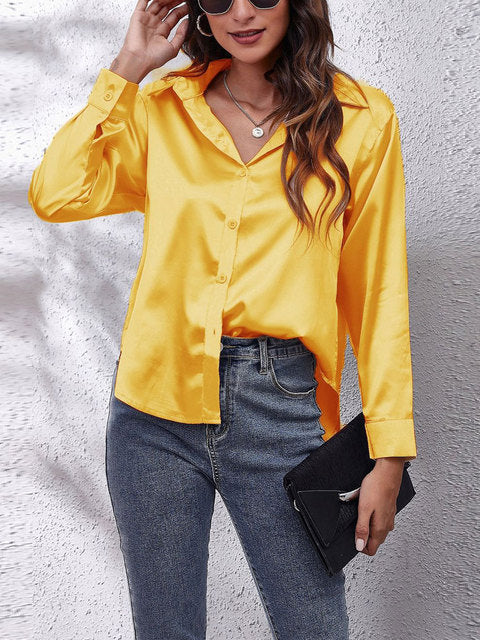 Damen-Satinbluse in leuchtendem Gelb, langärmlig, mit Knopfleiste. Perfekt für Frühling, modisch und elegant. Ideal für Freizeit und Büro.