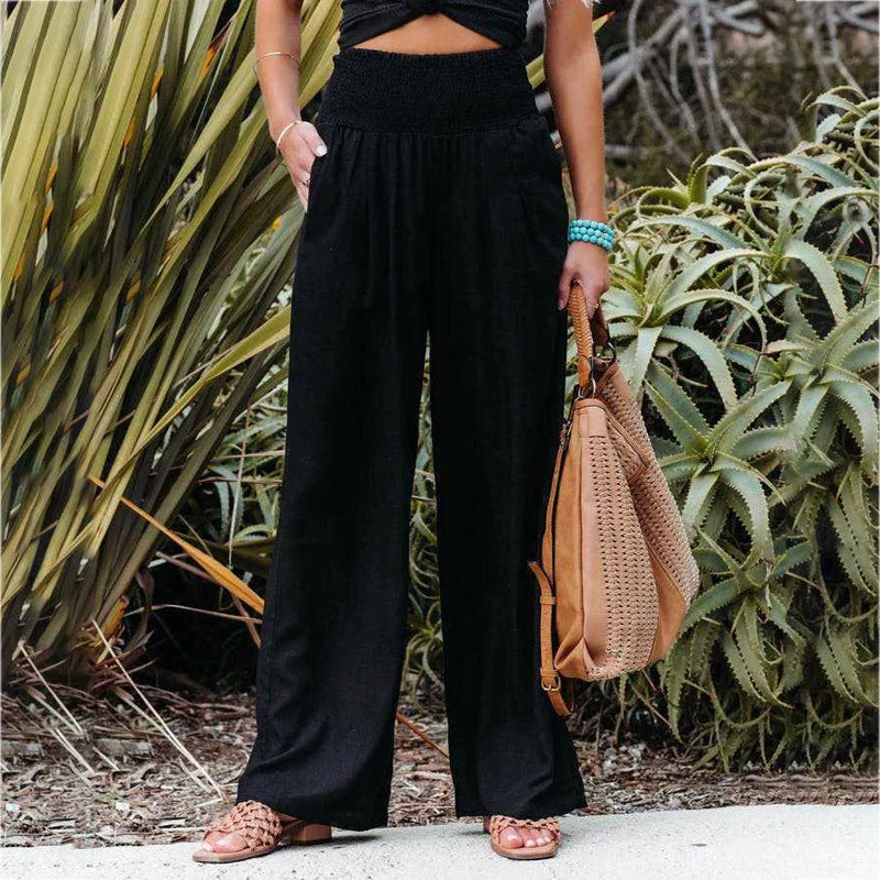 Damenhose aus Baumwolle-Leinen, weit geschnitten, schwarz, ideal für Frühling/Sommer. Perfekt für Büro und Casual-Looks.