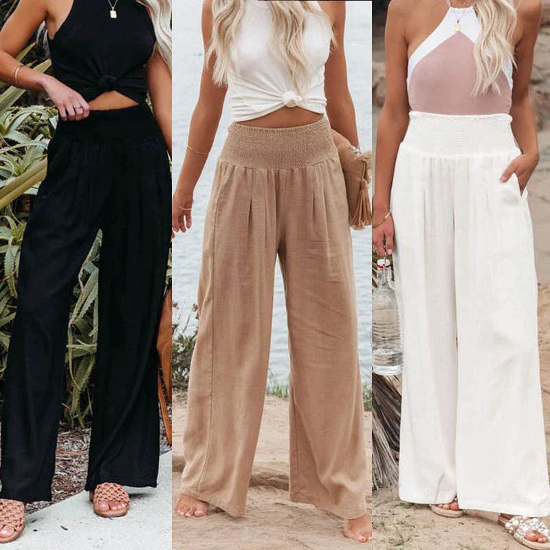 Damenhosen aus Baumwolle und Leinen, weit geschnitten, in Schwarz, Beige und Weiß. Perfekt für Frühling und Sommer, lässig und elegant.