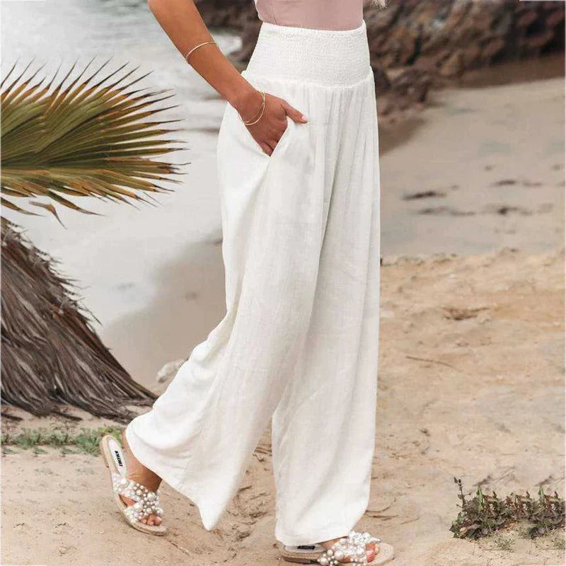 Damenhose aus Baumwolle-Leinen, weit geschnitten, weiß, ideal für Frühling und Sommer. Perfekt für Büro und Freizeit. Bequem und stilvoll.