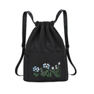 Schwarzer Rucksack mit Blumenstickerei, Freizeit- und Sporttasche, faltbar, wasserabweisend.