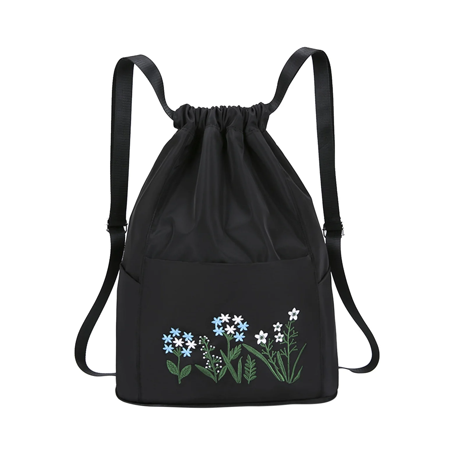 Schwarzer Rucksack mit Blumenstickerei, Freizeit- und Sporttasche, faltbar, wasserabweisend.
