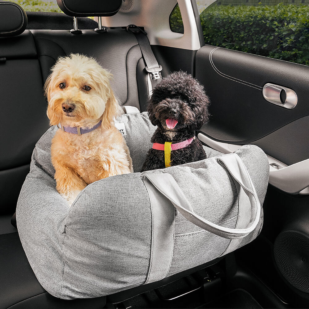Zwei Hunde in grauem Autositzbett, Hundebett, Autoreise, Haustierzubehör, Sicherheit, Komfort.