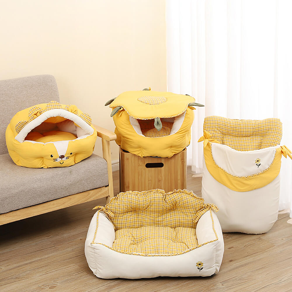 Gelbes Katzenbett-Set im Sonnenblumen-Design, gemütlich, weich, für Haustiere.