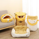 Gelbes Katzenbett-Set im Sonnenblumen-Design, gemütlich, weich, für Haustiere.