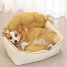Corgi auf gelbem kariertem Hundebett, gemütlich, waschbar, Haustierbett für Hunde und Katzen.