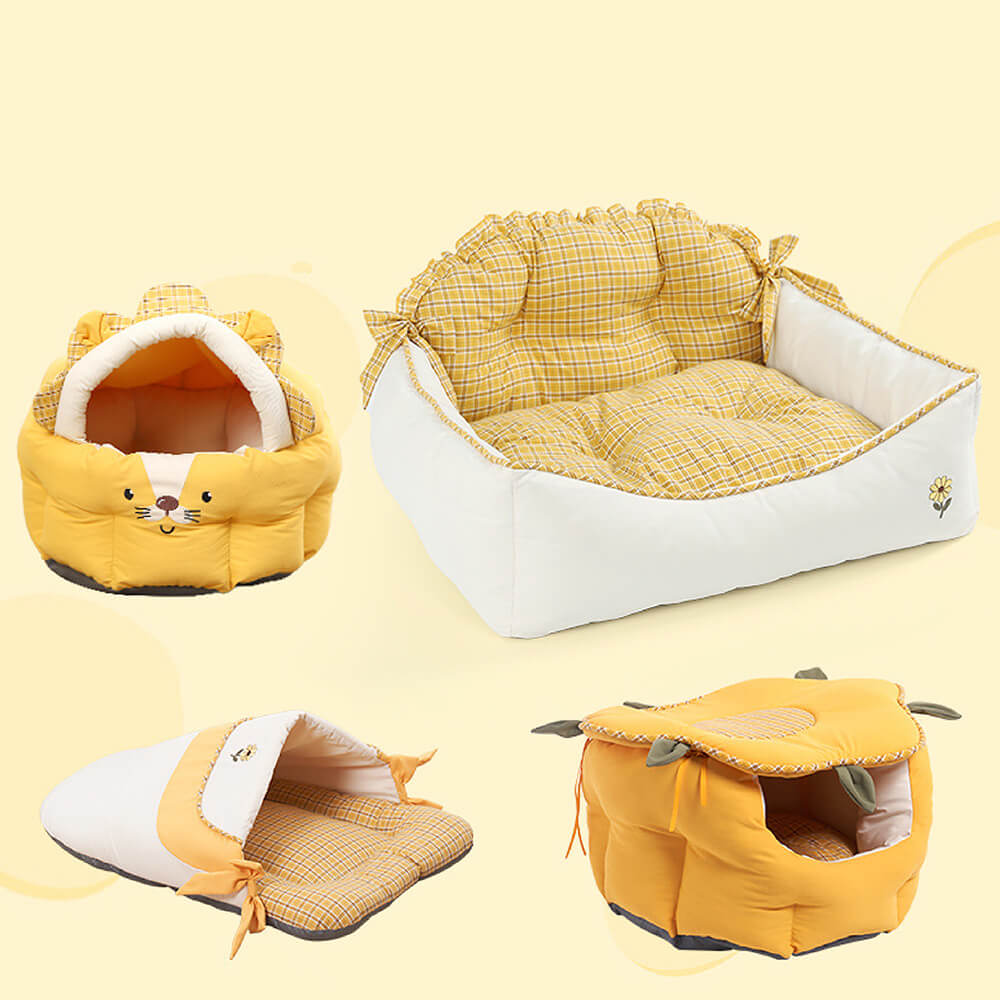 Gelbes Katzenbett in Sonnenblumenform, gemütlich, weich, Haustierbett, waschbar, für Katzen.