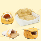 Gelbes Katzenbett in Sonnenblumenform, gemütlich, weich, Haustierbett, waschbar, für Katzen.