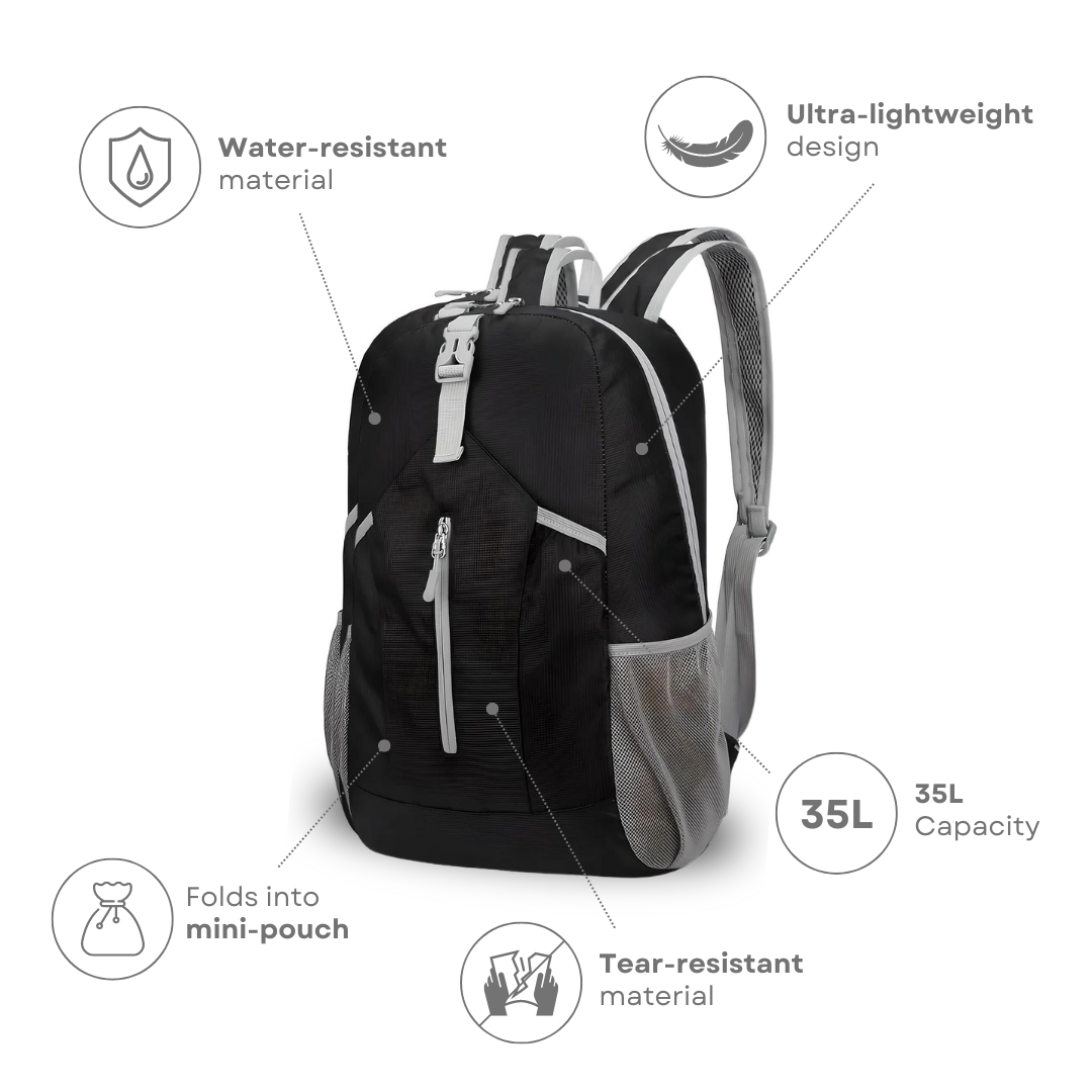 Schwarzer ultraleichter Rucksack, 35L, wasser- und reißfest, faltbar, ideal für Reisen.