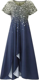 Elegantes blaues Maxikleid mit goldenen Sprenkeln, kurzärmelig, V-Ausschnitt, Abendmode.