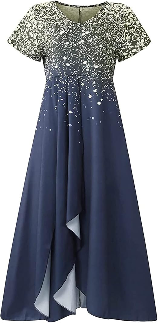 Elegantes blaues Maxikleid mit goldenen Sprenkeln, kurzärmelig, V-Ausschnitt, Abendmode.