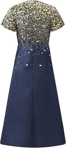 Elegantes blau-goldenes Abendkleid mit kurzen Ärmeln und funkelndem Muster.