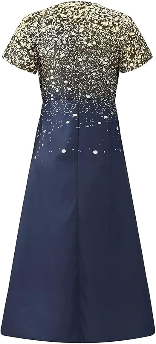 Elegantes blau-goldenes Abendkleid mit kurzen Ärmeln und funkelndem Muster.