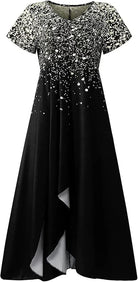 Schwarzes Maxikleid mit goldenen Sprenkeln, Kurzarm, elegantes Design, Abendmode.