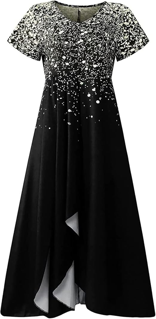 Schwarzes Maxikleid mit goldenen Sprenkeln, Kurzarm, elegantes Design, Abendmode.