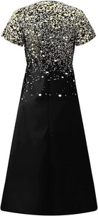 Schwarzes Maxikleid mit goldenen Pailletten, elegantes Abendkleid, festliche Damenmode.
