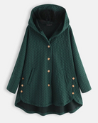 Grüne Damenjacke mit Kapuze, Knopfleiste und Taschen. Modischer, gesteppter Mantel für Herbst und Winter. Bequem und stilvoll.