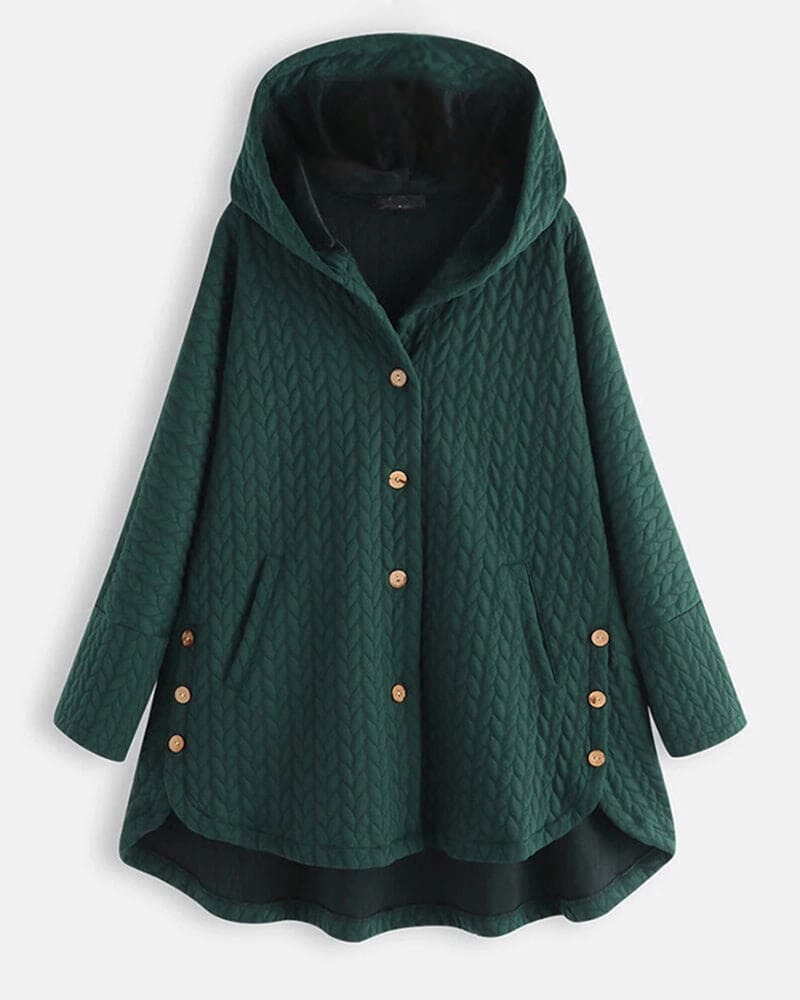 Grüne Damenjacke mit Kapuze, Knopfleiste und Taschen. Modischer, gesteppter Mantel für Herbst und Winter. Bequem und stilvoll.