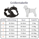 Größentabelle für Hundegeschirr: XS bis XL, Halsumfang 26-70cm, Brust 34-102cm, Gewicht 2-70kg. Perfekt für Hunde verschiedener Größen.