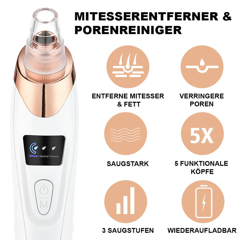 Mitesserentferner und Porenreiniger mit 5 funktionalen Köpfen, 3 Saugstufen, wiederaufladbar. Effektive Hautpflege, reduziert Poren und Fett.