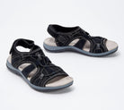 Schwarze Outdoor-Sandalen für Damen, bequem und robust, ideal für Wandern und Freizeit. Atmungsaktives Design mit verstellbaren Riemen.