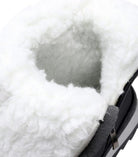 Schwarzer Winterstiefel mit weißem Kunstfellfutter, ideal für kalte Tage. Bequeme, warme Schuhe für Damen. Perfekt für Wintermode.
