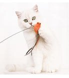 Weißer Kater mit grünem Augen spielt mit orangefarbenem Katzenspielzeug, Federn, niedlich.