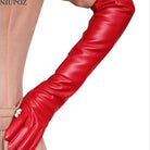 Rote lange Lederhandschuhe, elegant und stilvoll, ideal für Damenmode, Herbst- und Winteraccessoires, luxuriöses Design, hochwertiges Material.