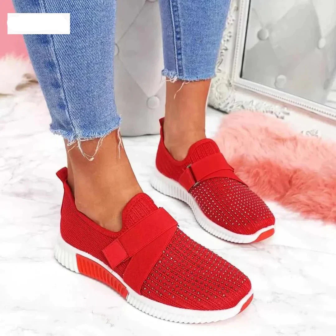 Rote Damen-Sneaker mit Strass, Strickmaterial, elastischer Riemen, modisch, bequem.