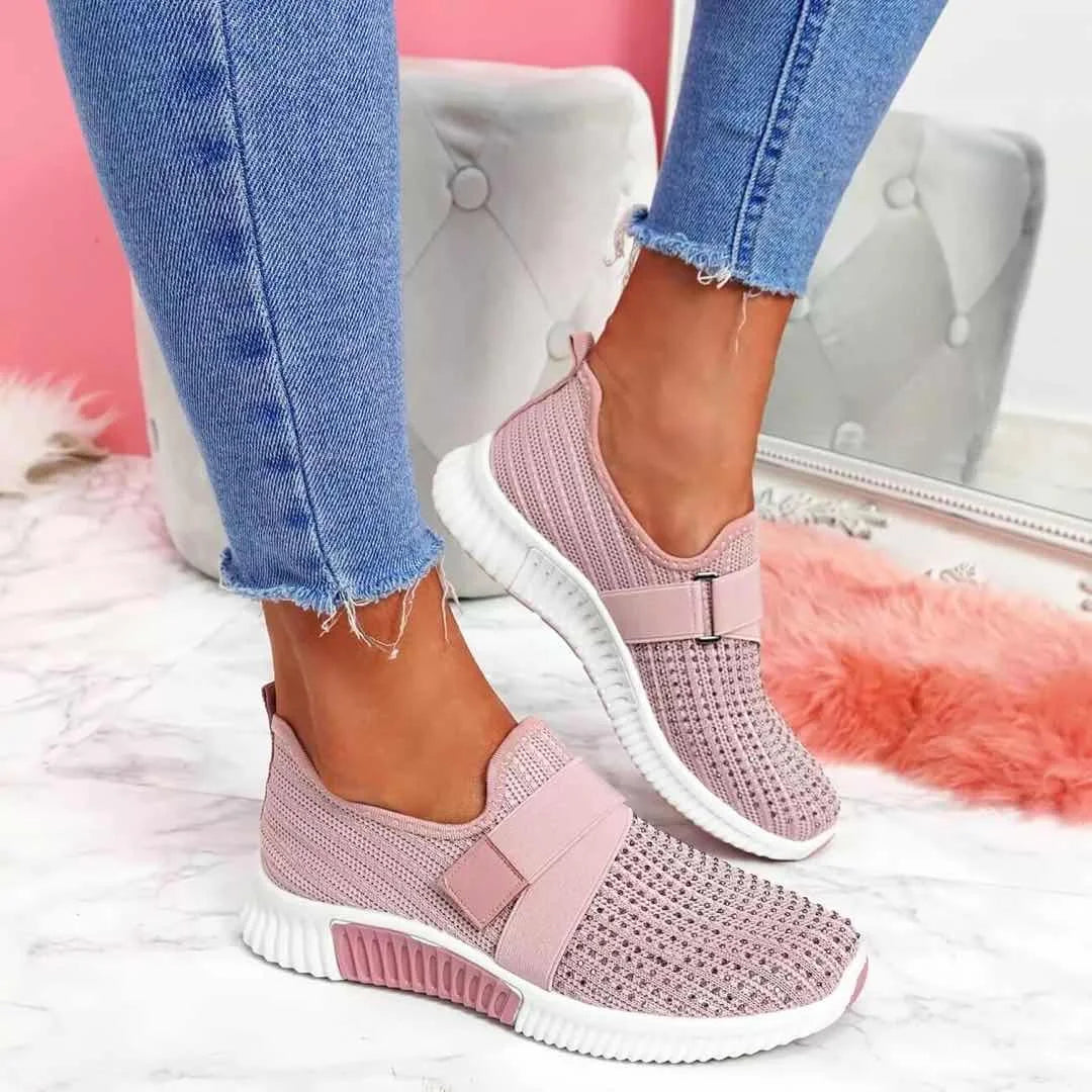 Damen Sneaker rosa, atmungsaktiv, Strickmaterial, elastischer Riemen, modisch, bequem