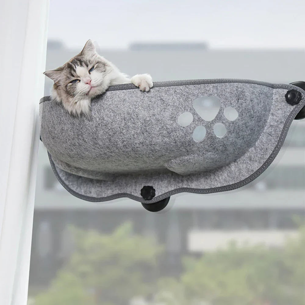 Katze schläft in grauem Filz-Fensterbett, Katzenhängematte, gemütlich, modernes Design.