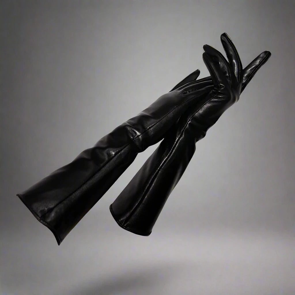 Schwarze Lederhandschuhe, elegant und stilvoll, ideal für Herbst- und Wintermode. Hochwertiges Accessoire für Damen, zeitloses Design.