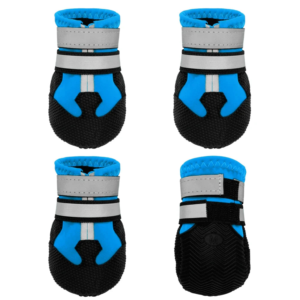 Hundeschuhe, rutschfest, wasserdicht, reflektierend, blau-schwarz, ideal für Outdoor-Aktivitäten, Schutz für Pfoten, verstellbare Klettverschlüsse.