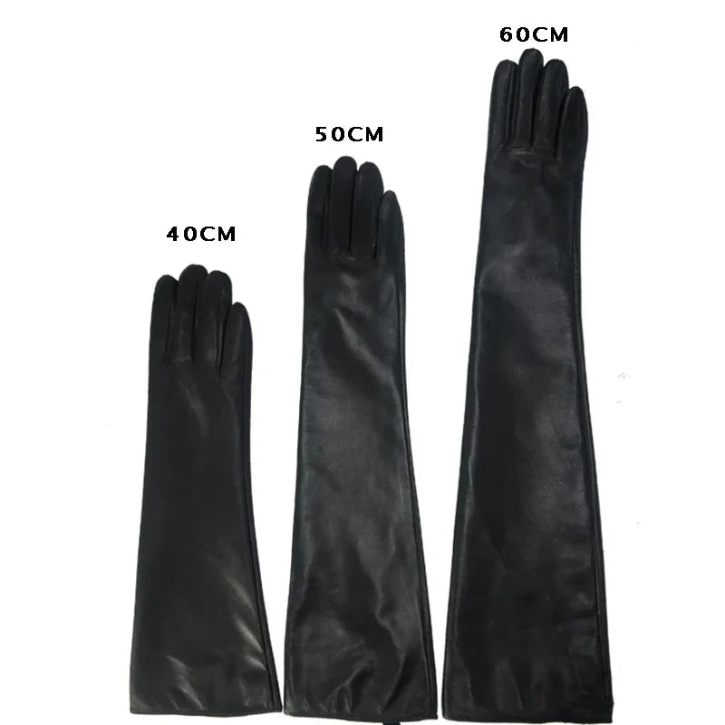 Damen-Lederhandschuhe in Schwarz, erhältlich in 40cm, 50cm und 60cm Länge. Elegante, lange Handschuhe für stilvolle Wintermode.