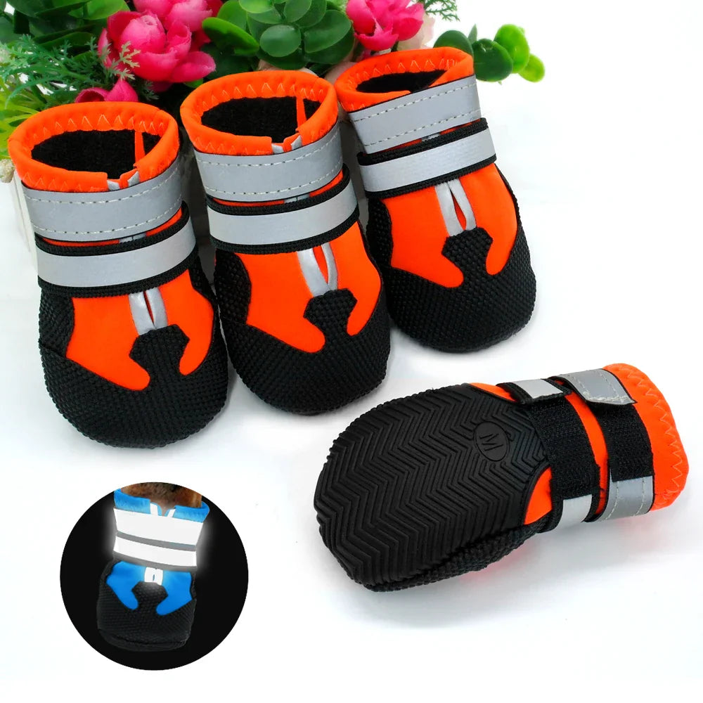 Hunde-Schuhe, rutschfest, wasserdicht, reflektierend, orange-schwarz, ideal für Outdoor-Aktivitäten, Schutz für Pfoten, Set aus vier Stück.